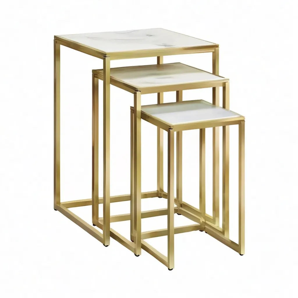 Stolik kawowy, 3 prostokątne stoły boczne 50 x 35 x 65 cm 45 x 30 x 55 cm 40 x 25 x 45 cm MDF folia PVC Żelaza Białe złoto