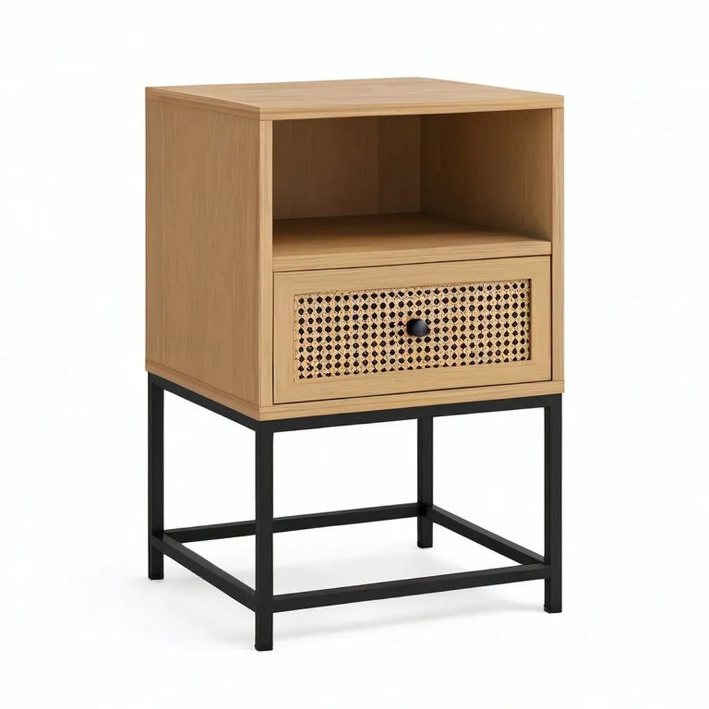 Szafka nocna, Stół z szufladą i otwartym przedziałem 40 x 40 x 60 cm MDF z dębowym fornirem rattan i stal Czarna naturalna