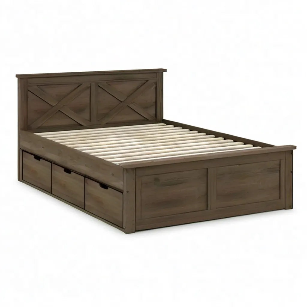 Łóżko magazynowe lite drewno bed 160 x 200 cm drewno sosnowe brązowe z pogrubioną ramą i 3 szuflady