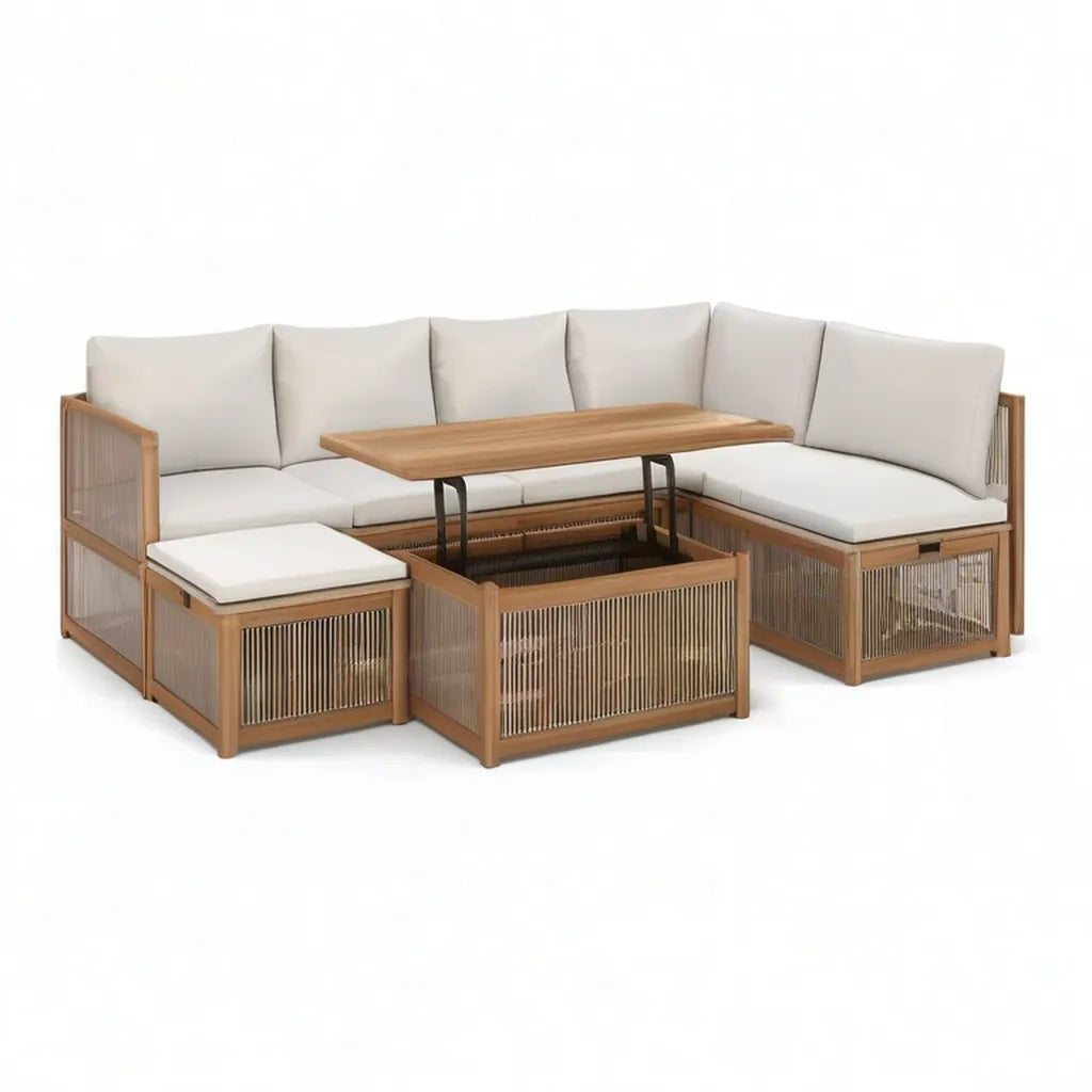 Sofa ogrodowa, Ogrodowy salon narożna kanapa zestaw z litego drewna acacia z podnośnikiem i stołem beżowym 240 x 240 x 72 cm