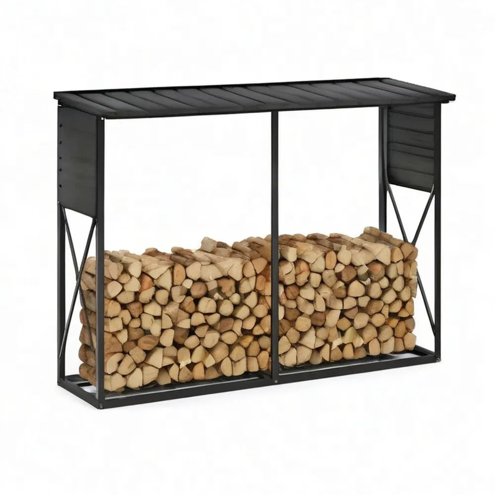Drewutnia, Schronisko dla drewna ogrodowego 180 x 70 x 170 cm czarna stal z dachem ochronnym
