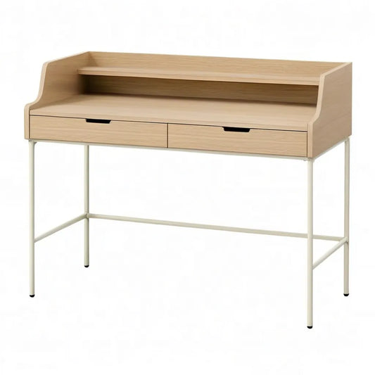 Biurko z 2 szufladami i półką 100 x 50 x 95 cm w lekkim dębie i białej stali MDF