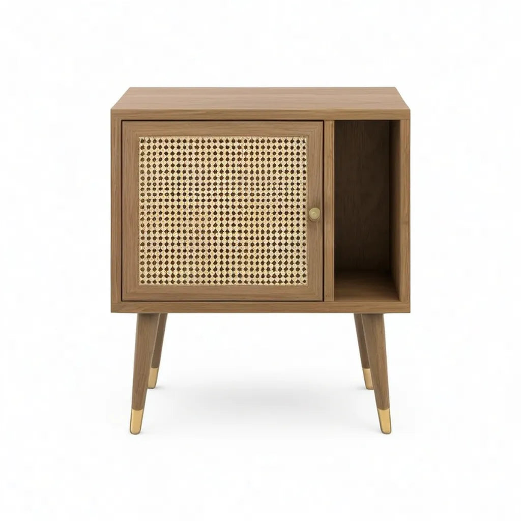 Szafka nocna, Stół z drzwiami i otwartym przedziałem 50 x 40 x 60 cm MTF rattan prostokątna brązowy orzech włoski
