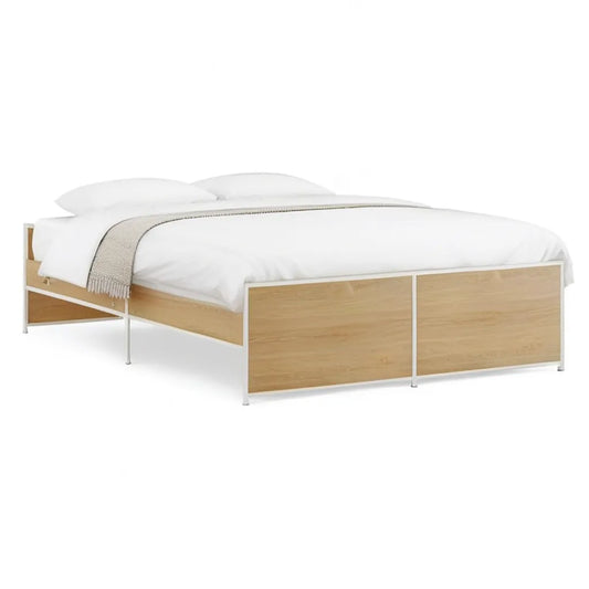 Łóżko, Podwójna rama łóżka 180 x 200 cm prostokątna od MDF z okleiną dębową i stalą w kremie dębowym biały