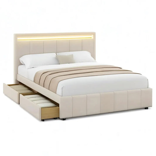 Łóżko tapicerowane z częścią z głową LED i 2 szuflady 180 x 200 cm poliestrowy prostokątny beżowy