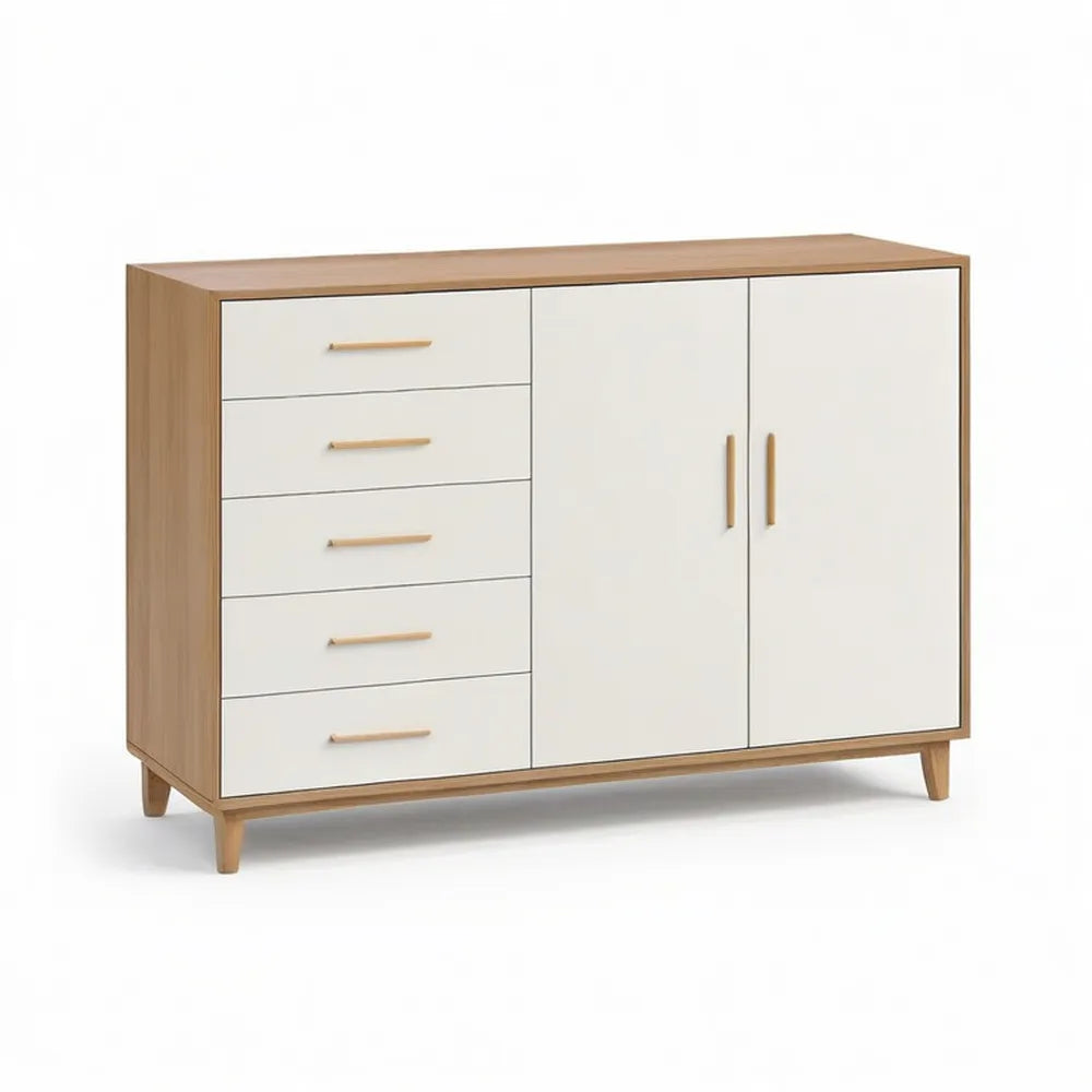 Niska komoda, Commodity 160x40x85 cm z 5 szufladami i 2 drzwiami MDF materiał drewniany Białe drewno kolory