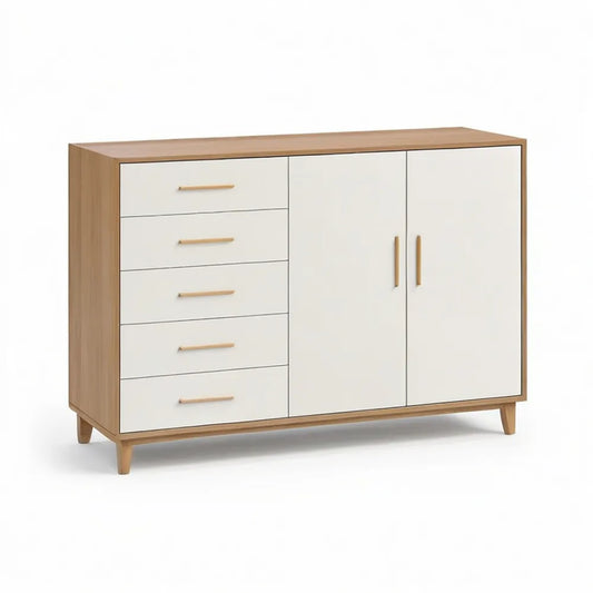 Niska komoda, Commodity 160x40x85 cm z 5 szufladami i 2 drzwiami MDF materiał drewniany Białe drewno kolory