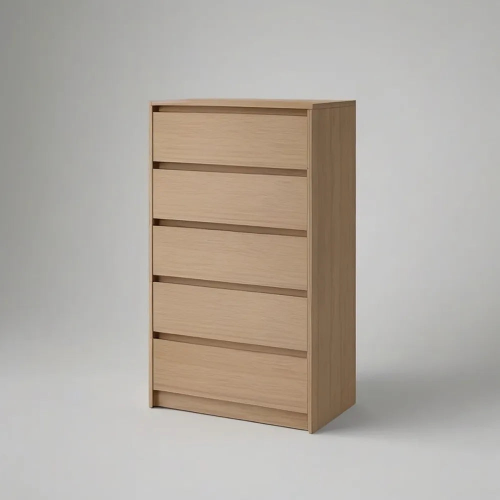 Wysoka komoda, 80x40x120 cm wysoka szuflada w MDF z efektem lekkiego dębu z 5 szufladami