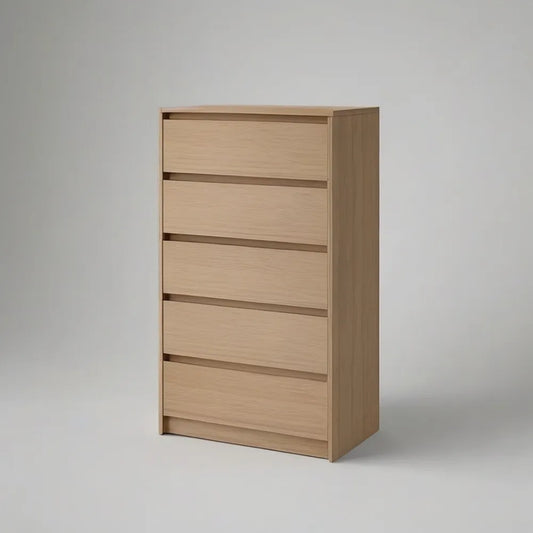 Wysoka komoda, 80x40x120 cm wysoka szuflada w MDF z efektem lekkiego dębu z 5 szufladami