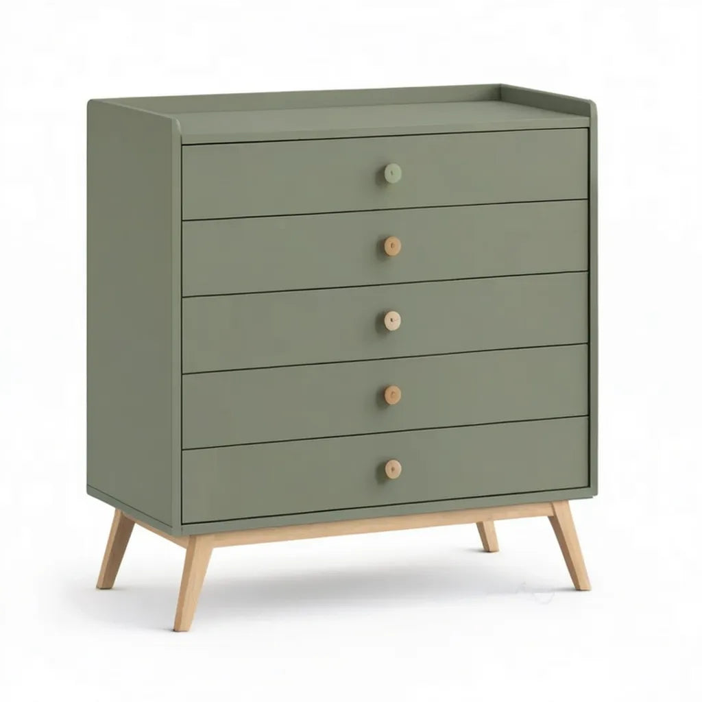 Niska komoda, Niski komfort 5 prostokątnych szuflad w szałwii zielonej MDF i litego drewna hevea 80 x 40 x 100 cm