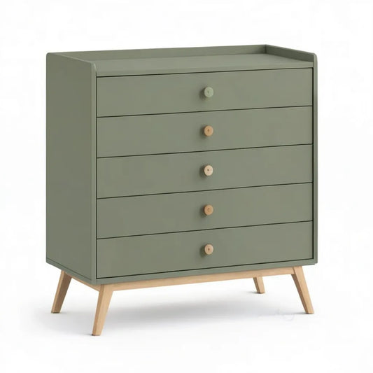Niska komoda, Niski komfort 5 prostokątnych szuflad w szałwii zielonej MDF i litego drewna hevea 80 x 40 x 100 cm