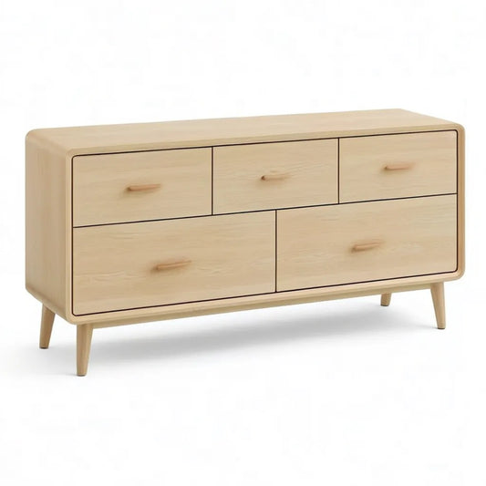 Niska komoda, Niski komfort 5 szuflad w płycie MDF lekki prostokątny dąb 140 x 40 x 80 cm