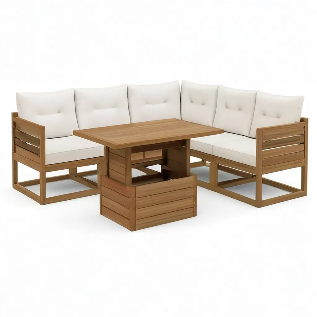 Sofa ogrodowa, Ogród salon zestaw narożna sofa ze stołem z acacia L-shape krem biały brązowy 210 x 210 x 70 cm