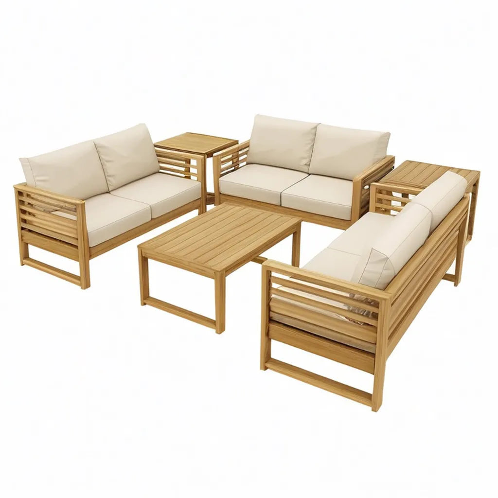 Sofa ogrodowa, 6-częściowy salon ogrodowy zestaw litego drewna akacjowego z poliestrową poduszką prostokątną naturalna beżowa 3 sofy 128 x 70 x 68 cm stolik kawowy 100 x 60 x 45 cm, 50 x 50 x 45 cm