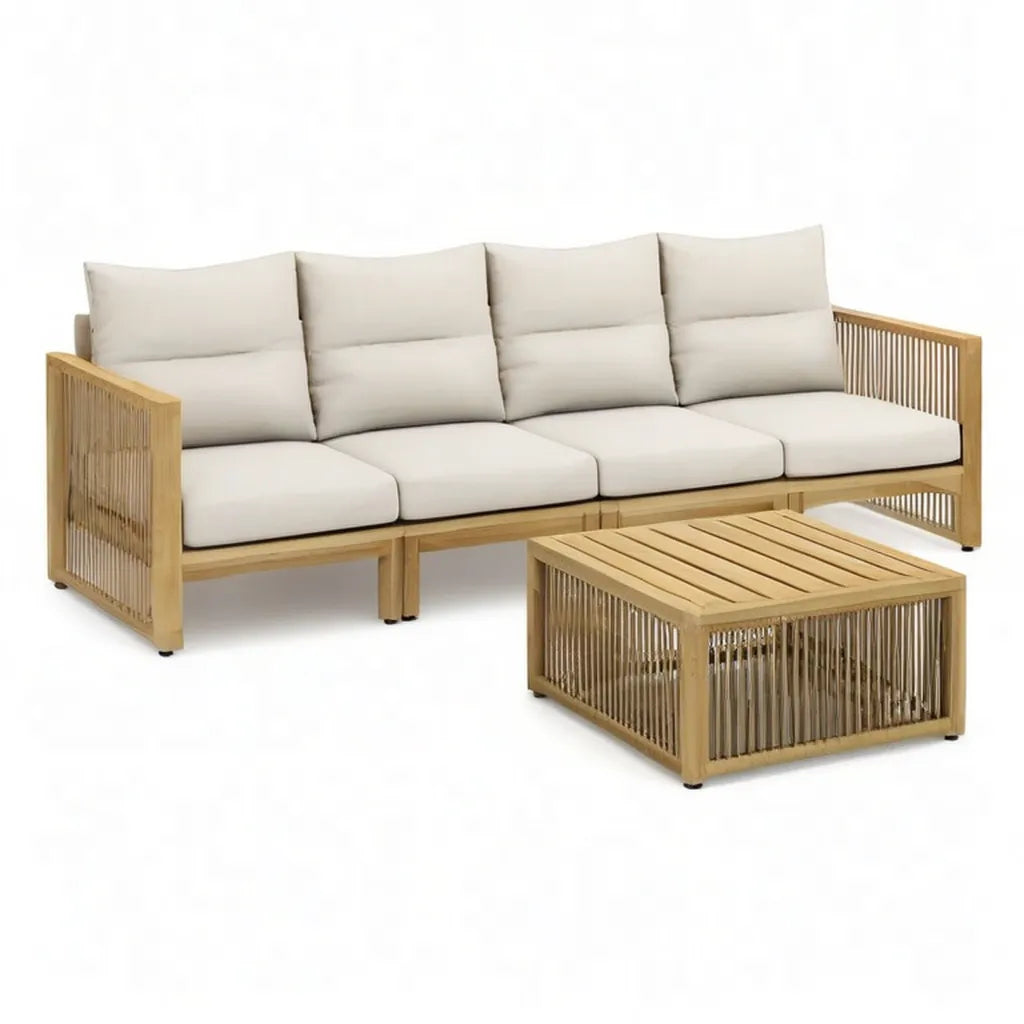 Sofa ogrodowa, 4-osobowa kanapa ogrodowa z zestawem do kawy acacia drewniana lina warkocz beżowy 280 x 80 x 78 cm
