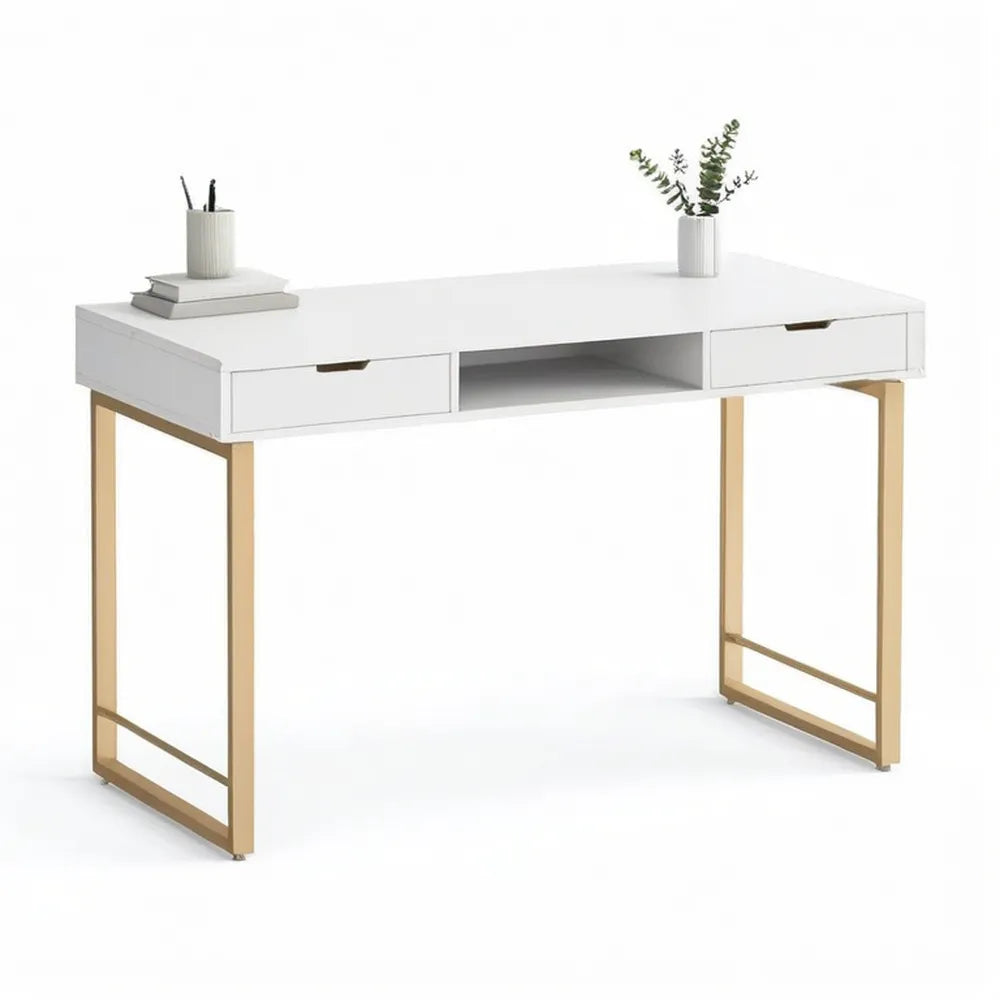 Biurko komputerowe, Komputer z 2 szufladami i schowkiem Biała rama metalowa złota 140 x 60 x 75 cm